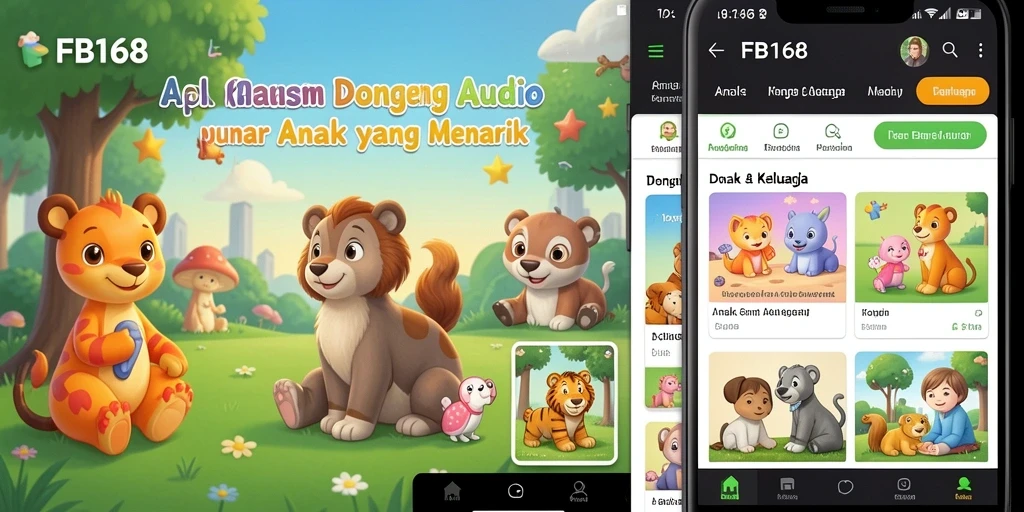 Screenshot aplikasi FB168 menampilkan fitur dongeng audio yang menarik.