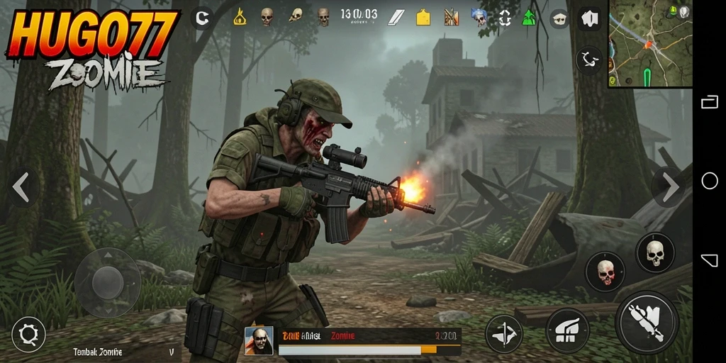 Tampilan antarmuka HUGO77 dengan aksi menembak zombie.